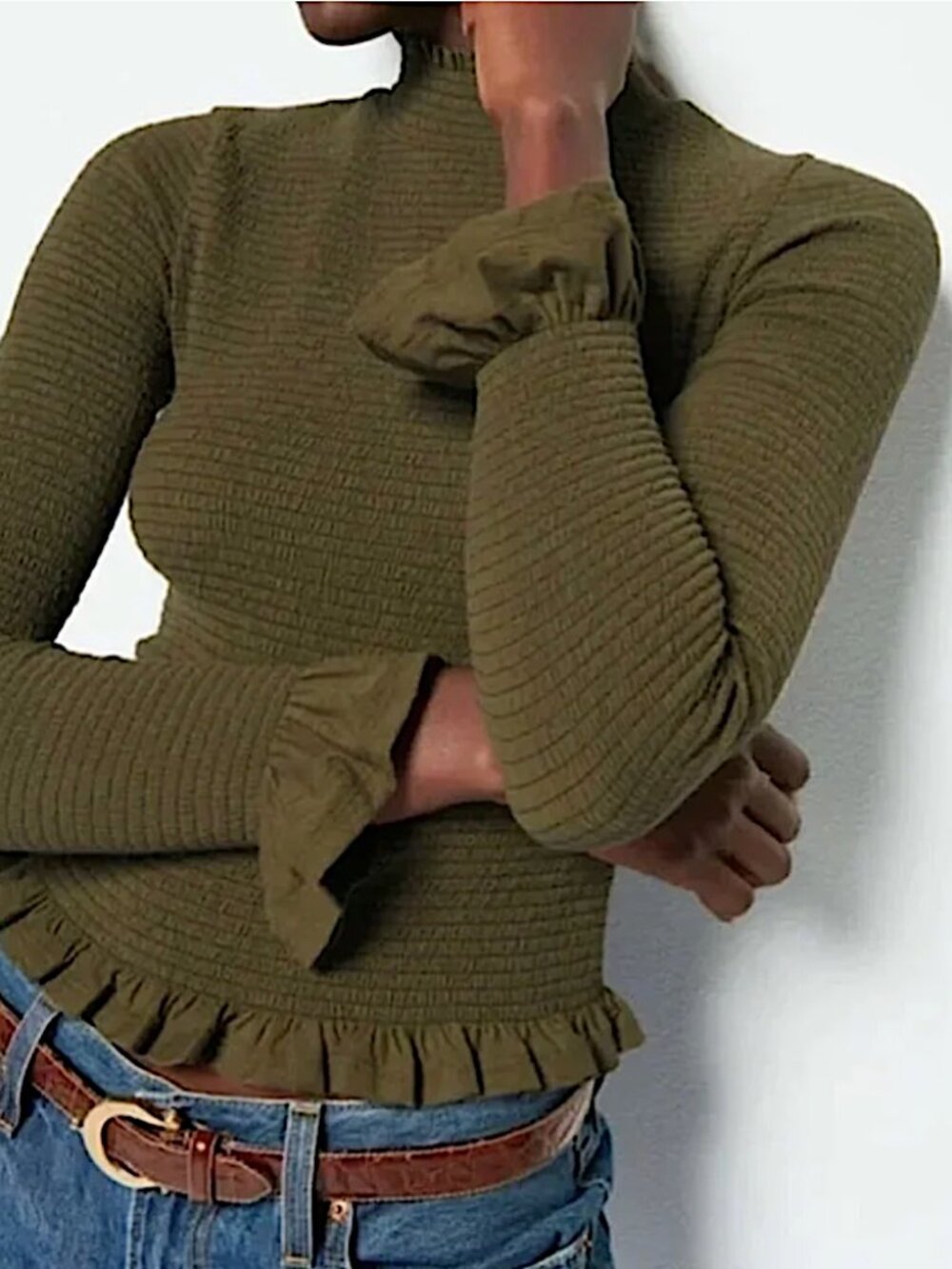 NATION LTD Yael Smocked High Ruffle Neck Top Ozark Green Pima Cotton Cutout Back